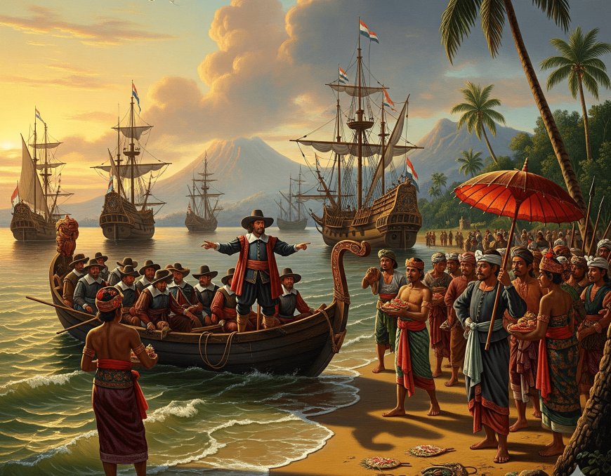 Ilustrasi Kedatangan Ekspedisi Cornelis de Houtman Ke Bali (Sumber : Koleksi Pribadi)