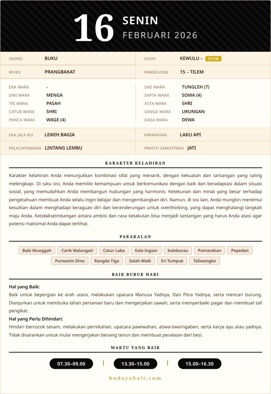 Kalender Wariga Bali Februari 2026