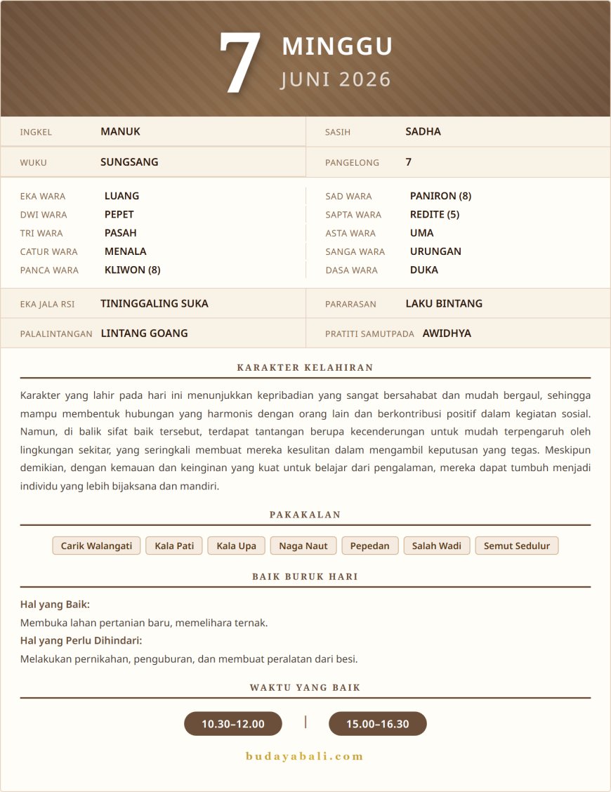 Kalender Wariga Bali Juni 2026