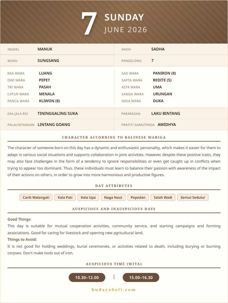 Balinese Sacred Calendar June 2026