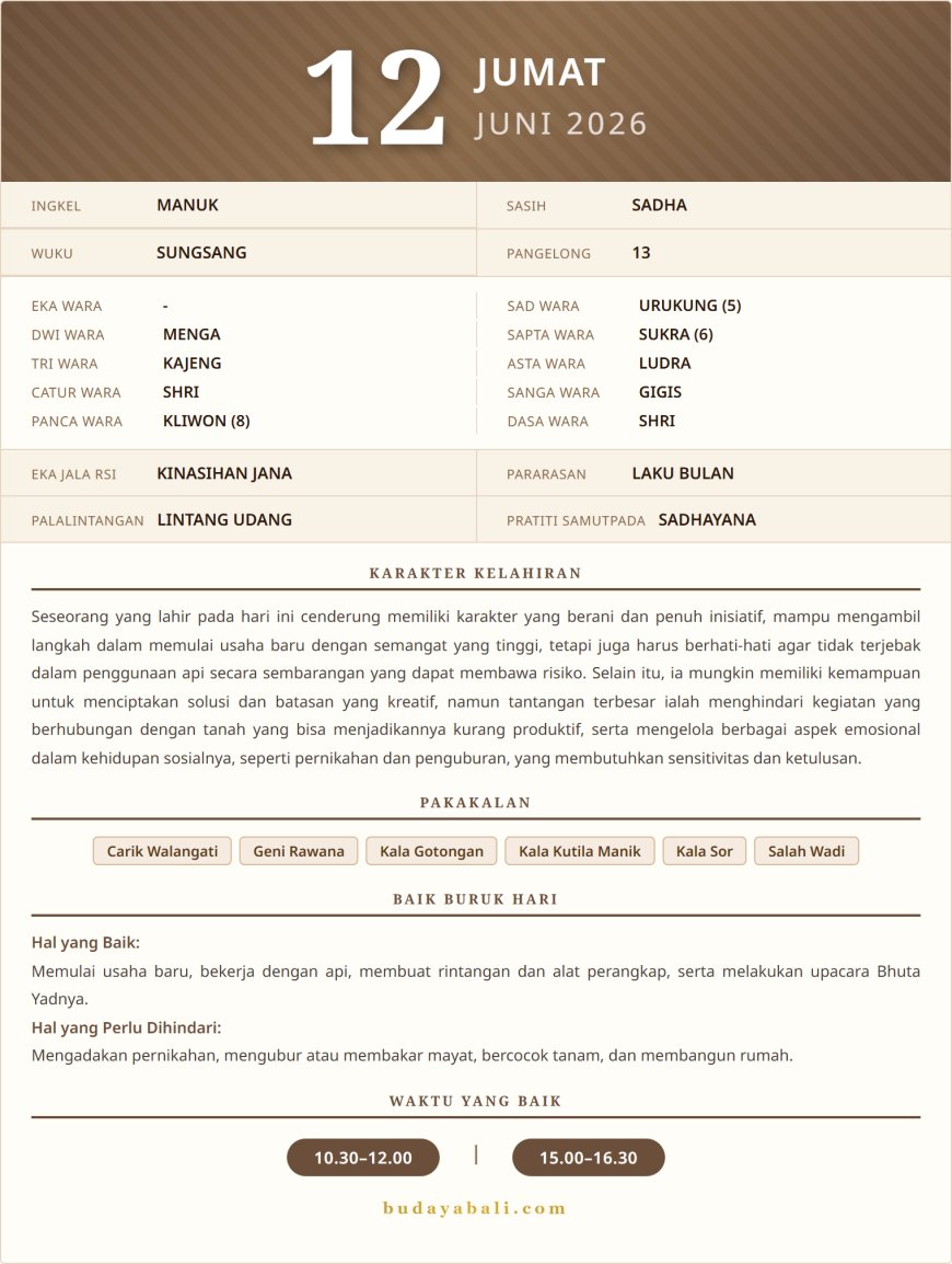 Balinese Sacred Calendar June 2026