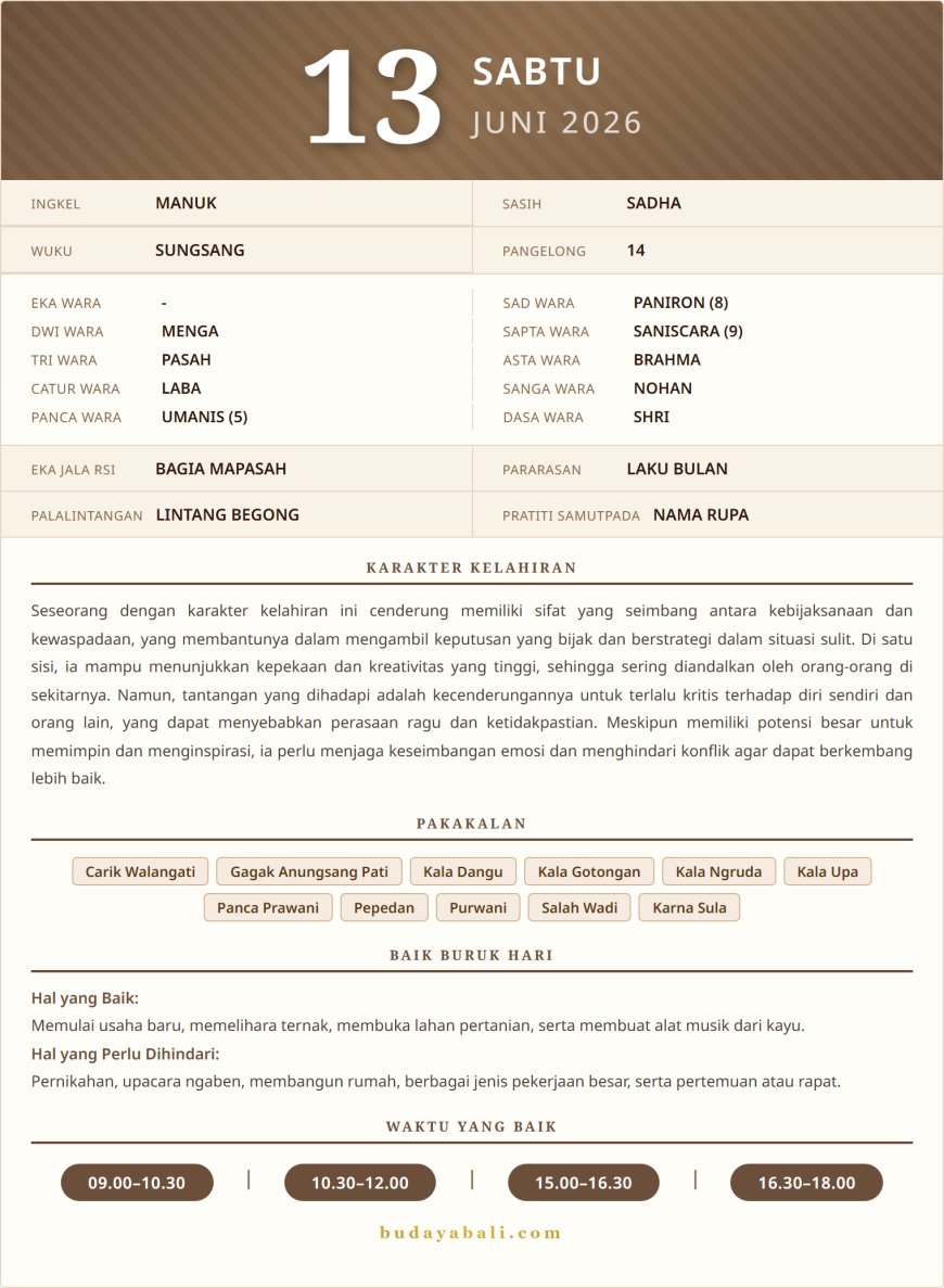 Balinese Sacred Calendar June 2026