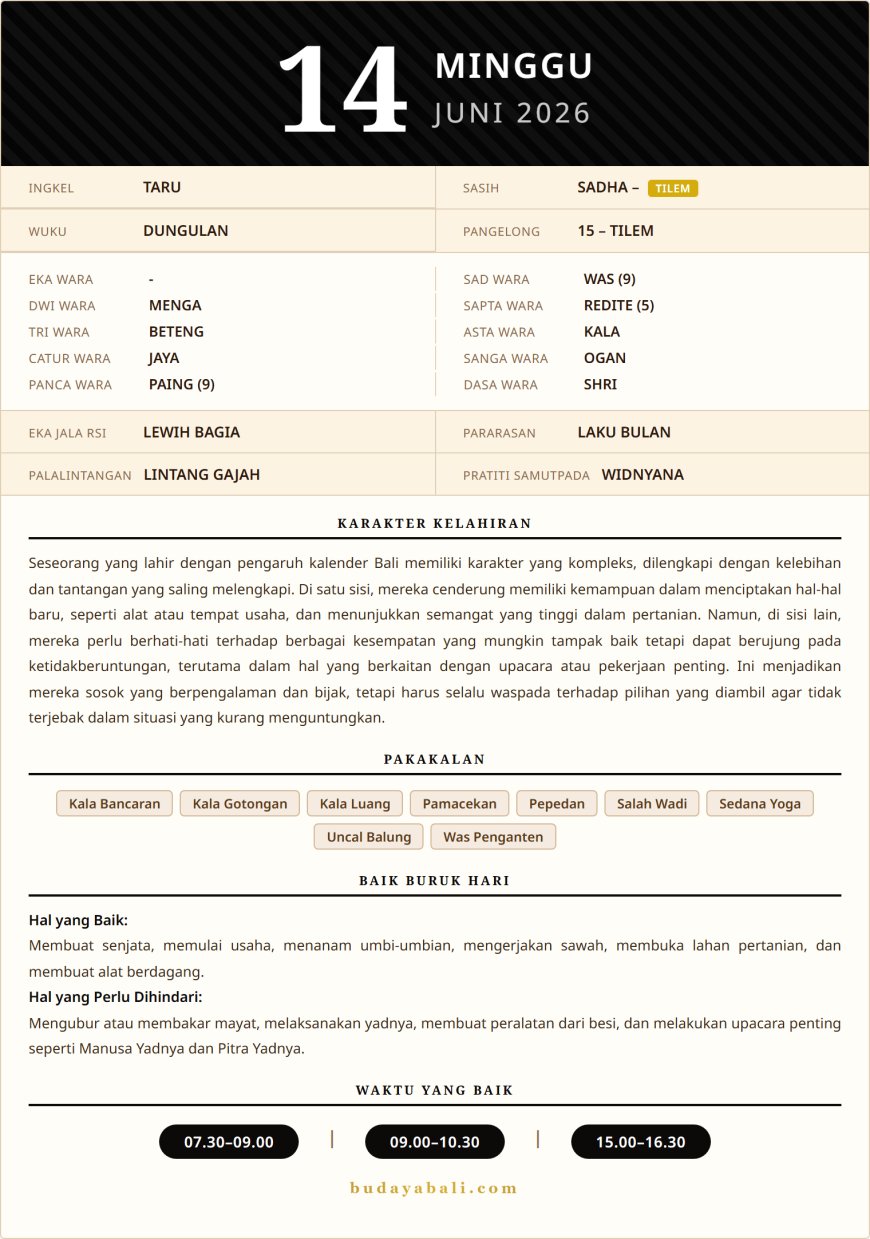Balinese Sacred Calendar June 2026