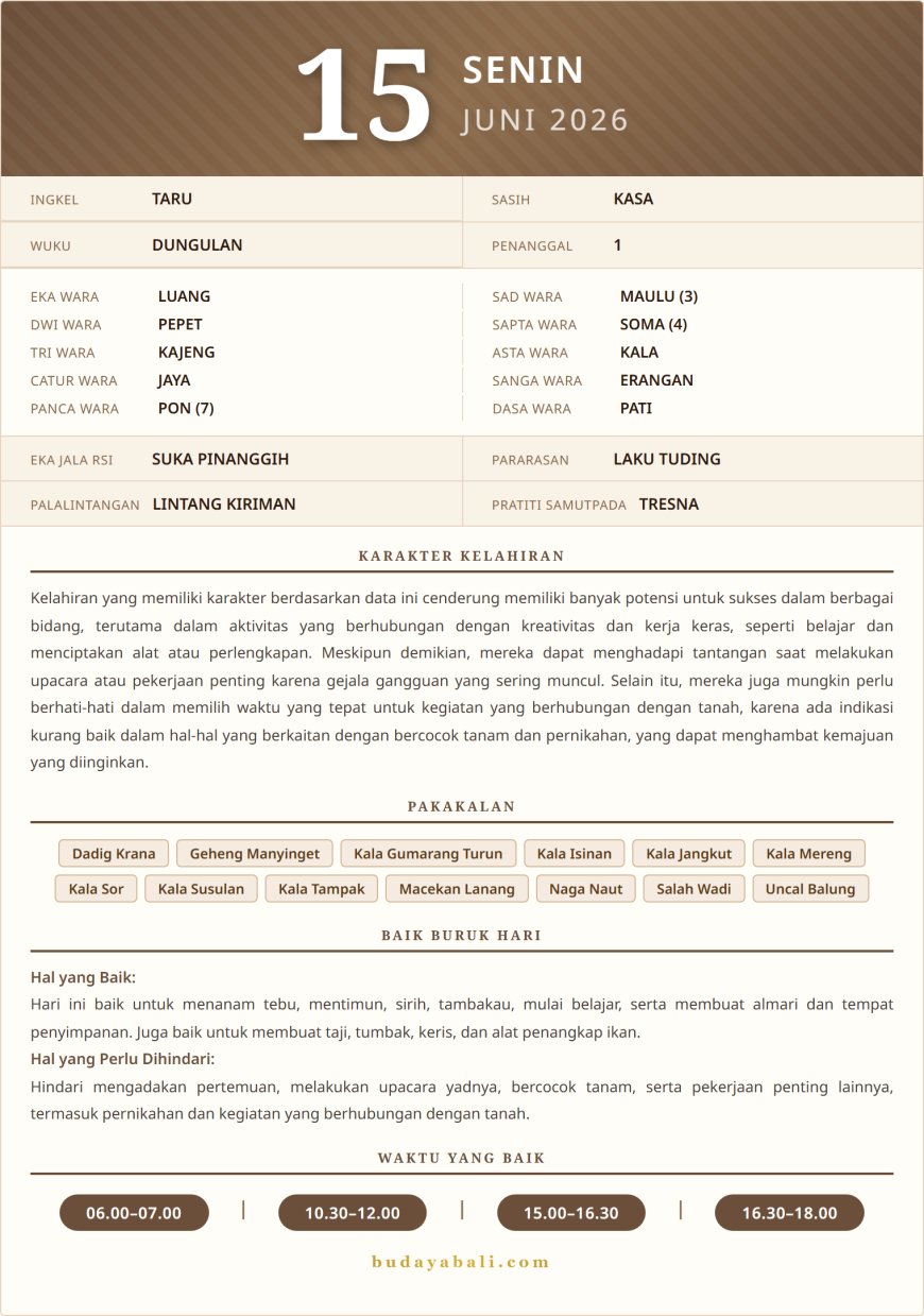 Balinese Sacred Calendar June 2026