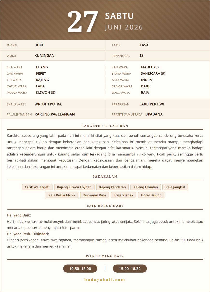 Balinese Sacred Calendar June 2026