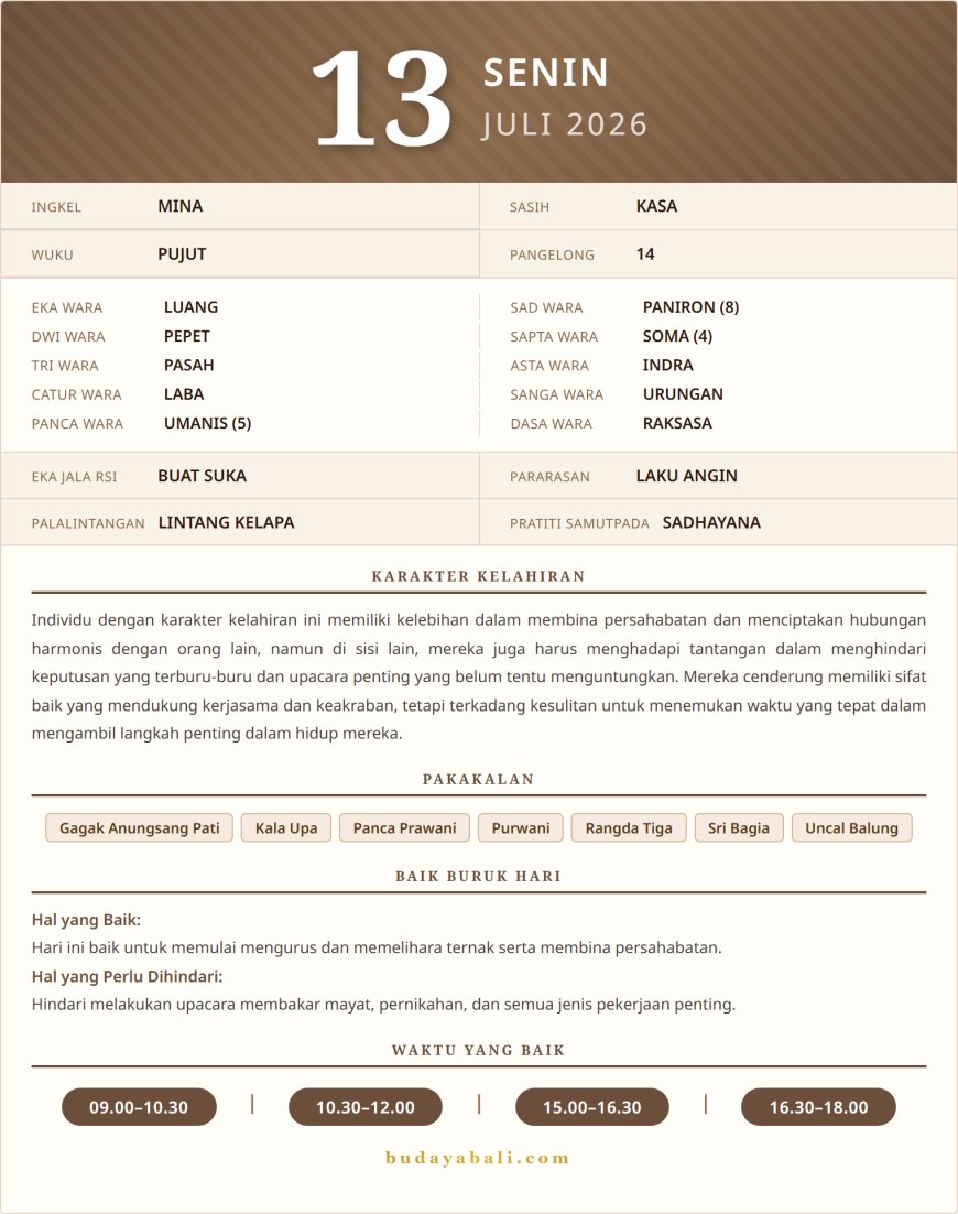 Kalender Wariga Bali Juli 2026