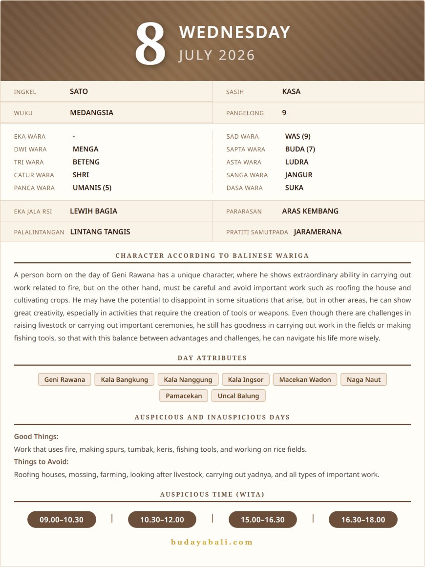 Balinese Sacred Calendar July 2026