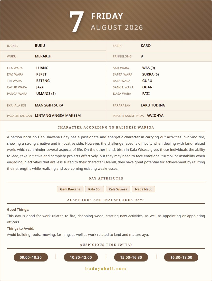 Balinese Sacred Calendar August 2026