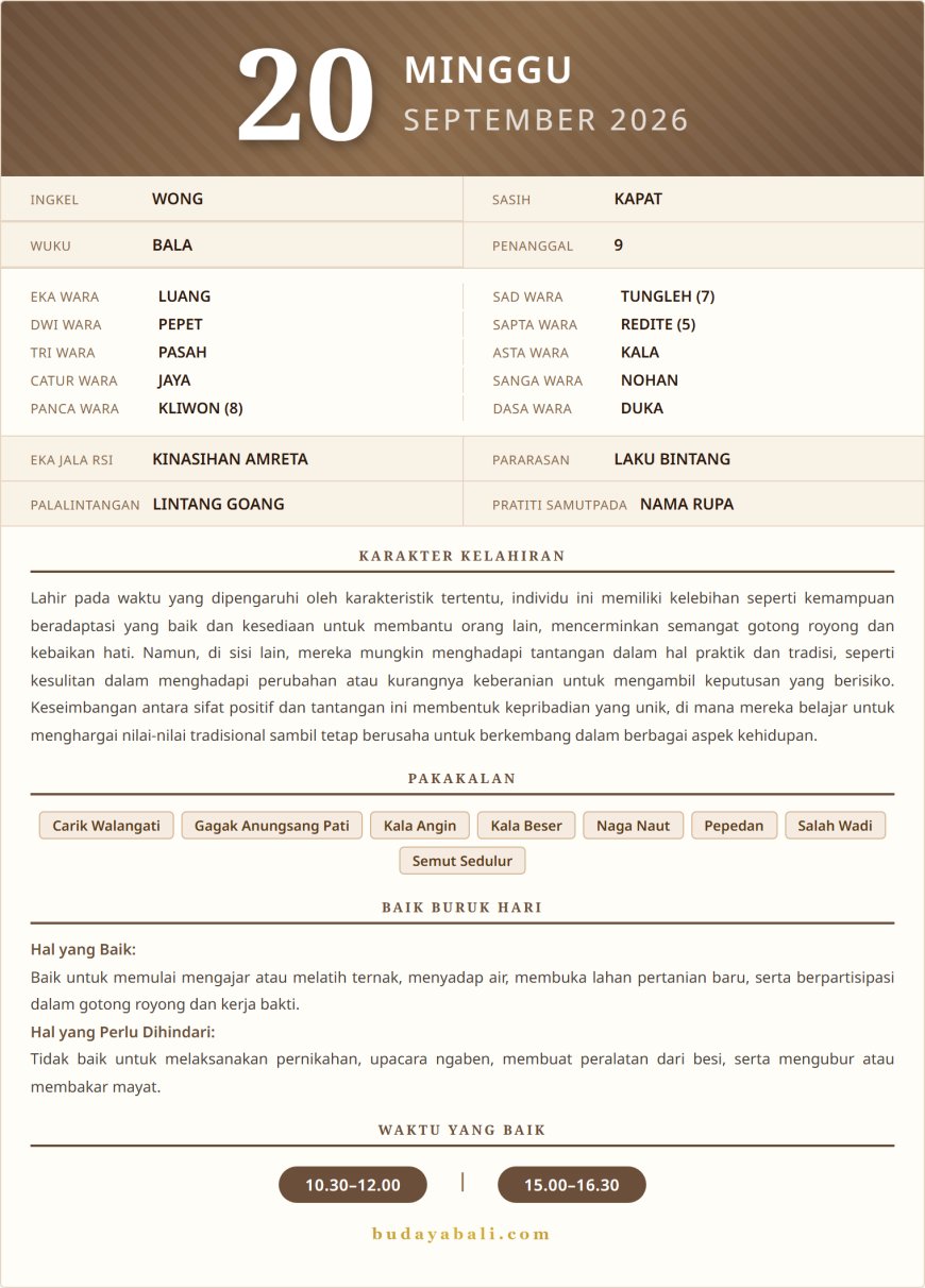 Kalender Wariga Bali September 2026