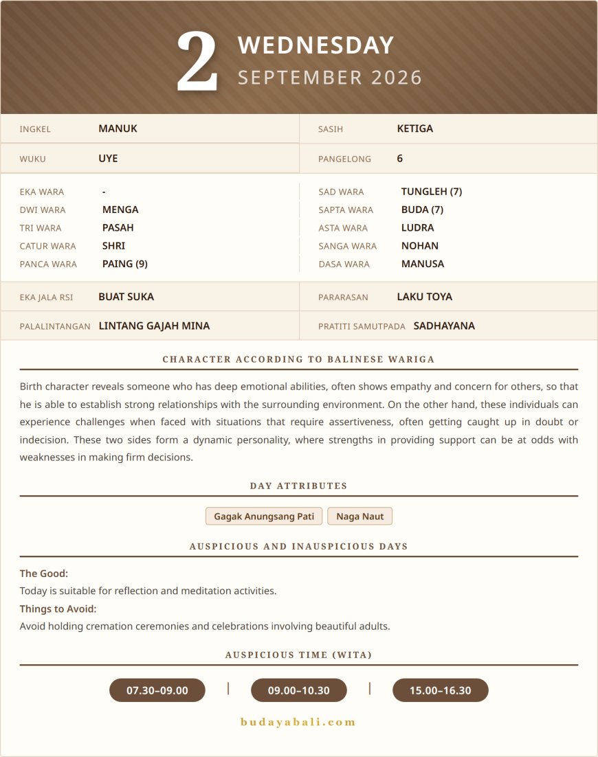 Balinese Sacred Calendar September 2026