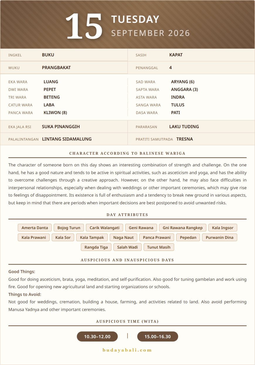 Balinese Sacred Calendar September 2026