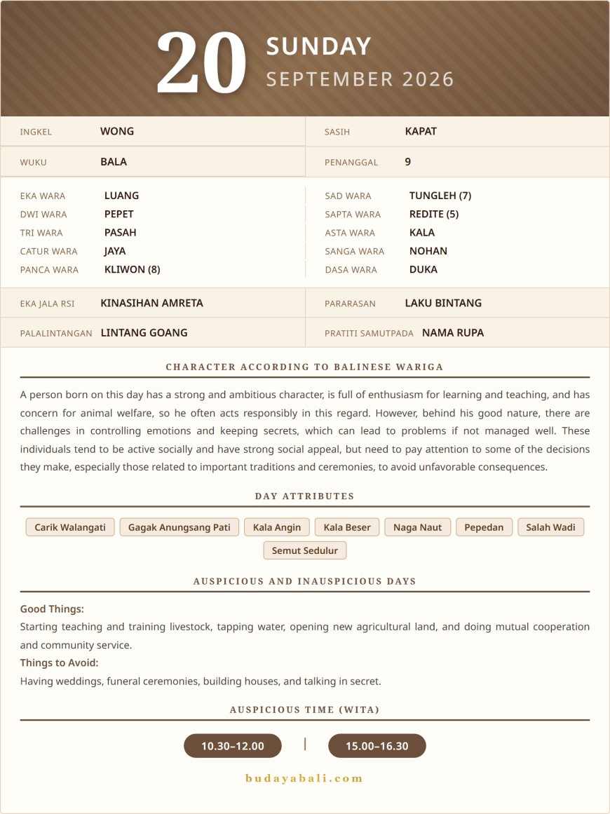 Balinese Sacred Calendar September 2026