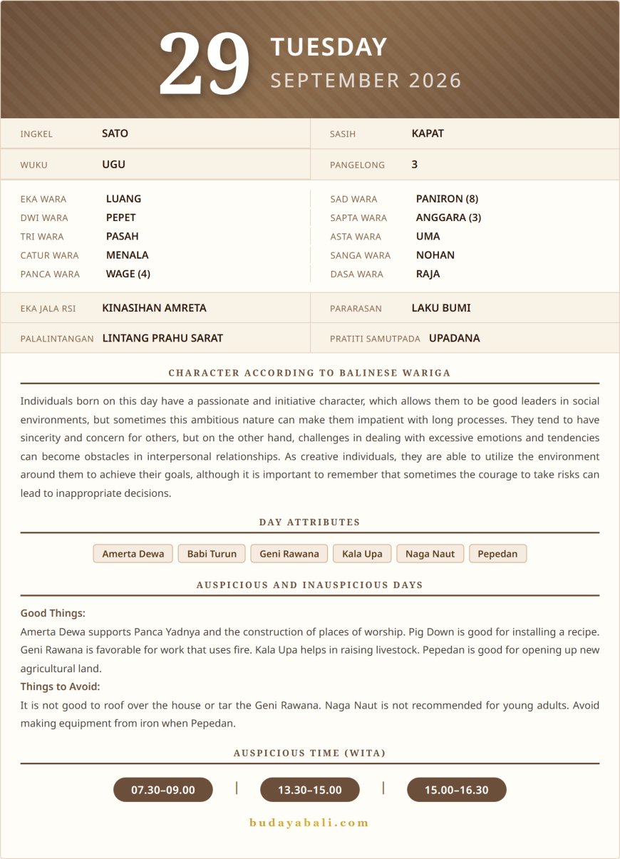 Balinese Sacred Calendar September 2026