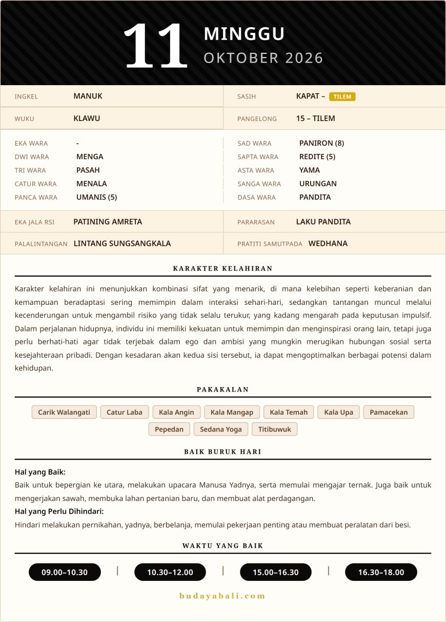 Kalender Wariga Bali October 2026