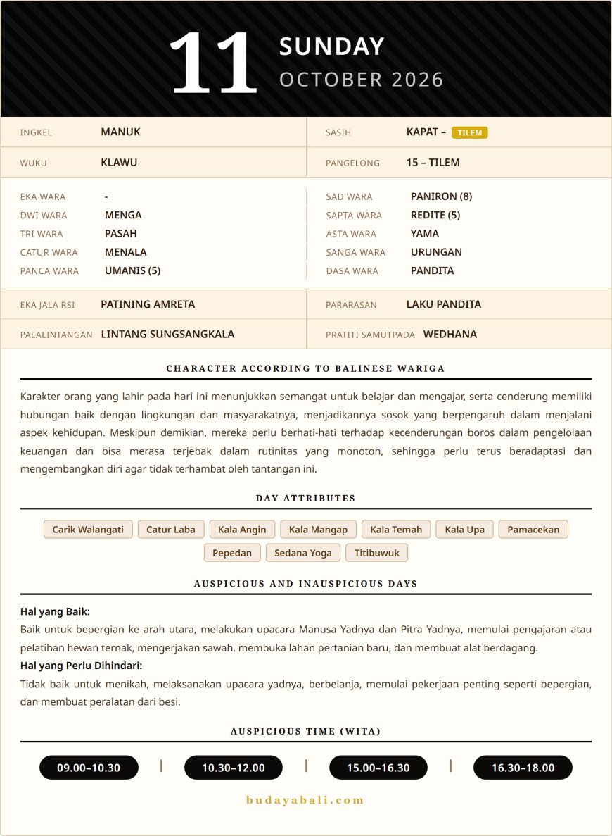 Balinese Sacred Calendar October 2026