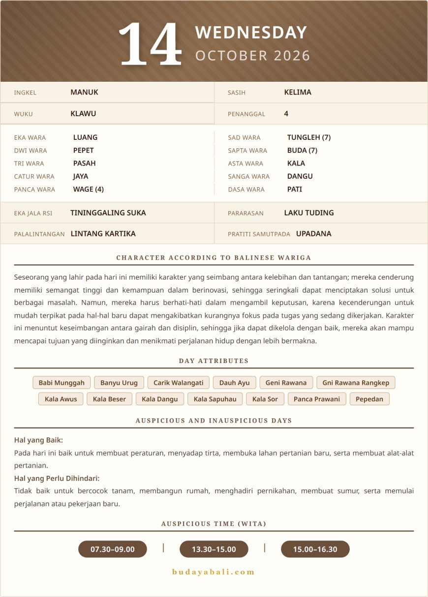 Balinese Sacred Calendar October 2026