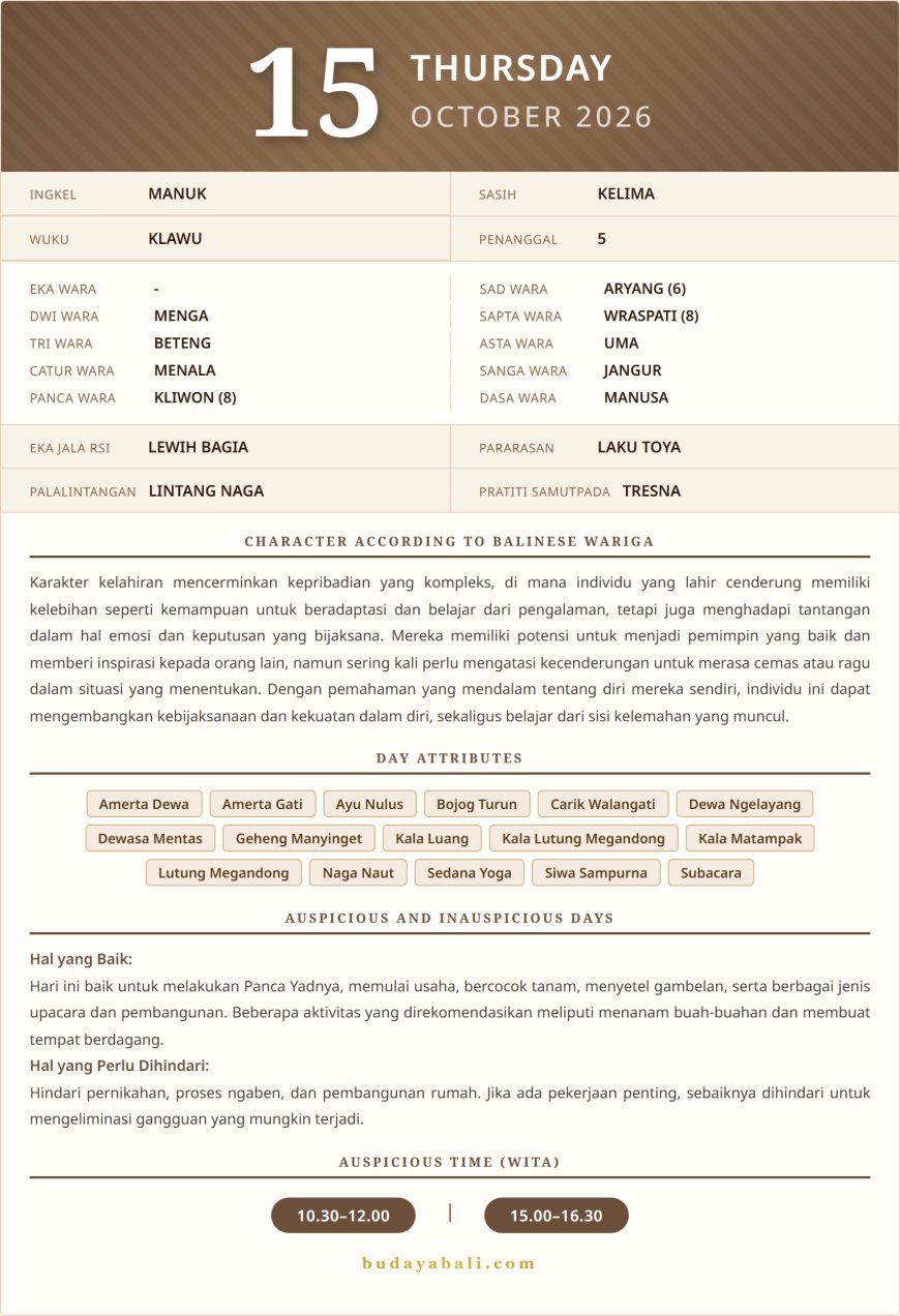 Balinese Sacred Calendar October 2026